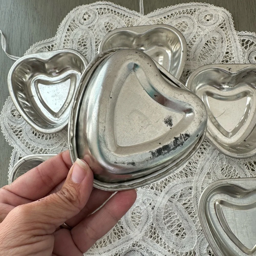 Vintage Aluminum Tiny Silver Heart Baking Jello Molds 3.25 inch Lot of 6